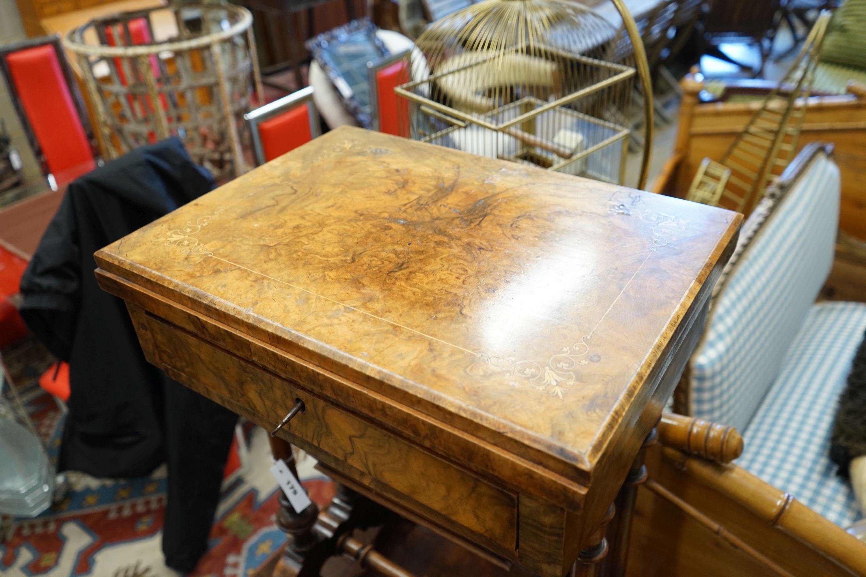 A Victorian walnut and marquetry worktable, width 51cm depth 38cm height 72cm